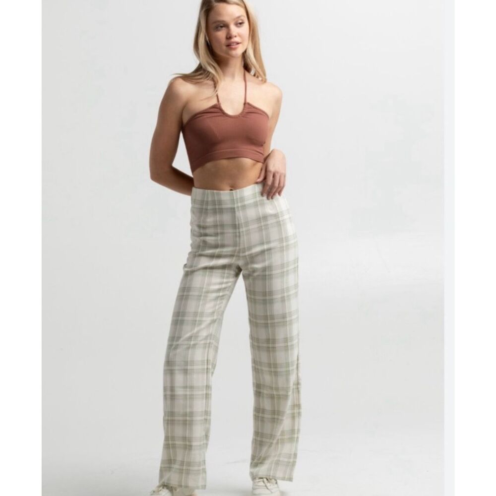 West of Melrose Green Plaid Trouser High Rise Straight Leg Size Medium